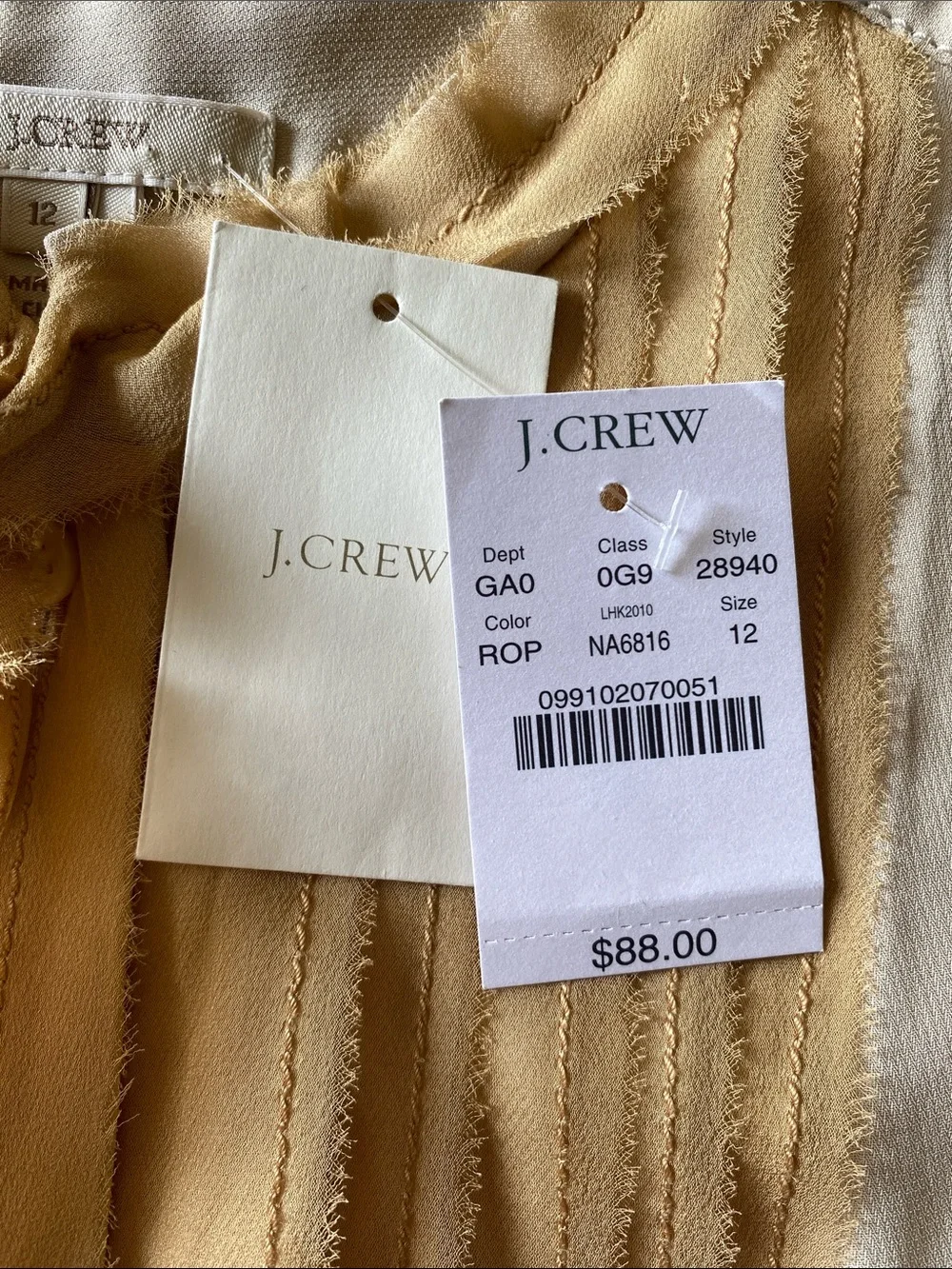 J. Crew Cream Sleeveless Tie-Neck Blouse with Tan Front Panel 100% Silk